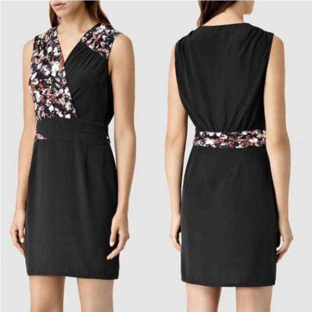 All Saints Azure Chase Silk Dress Floral Black Size 2